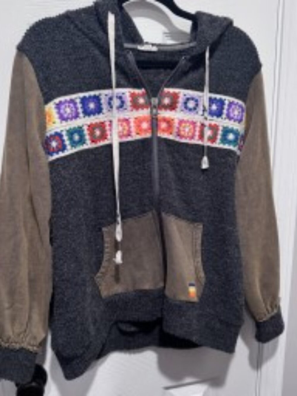 POL Boho Crochet Granny Square Zip Hoodie Sweater Small